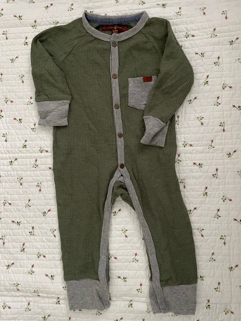 7 For All Mankind Olive Green Waffle-Knit One-Piece with Gray Trim